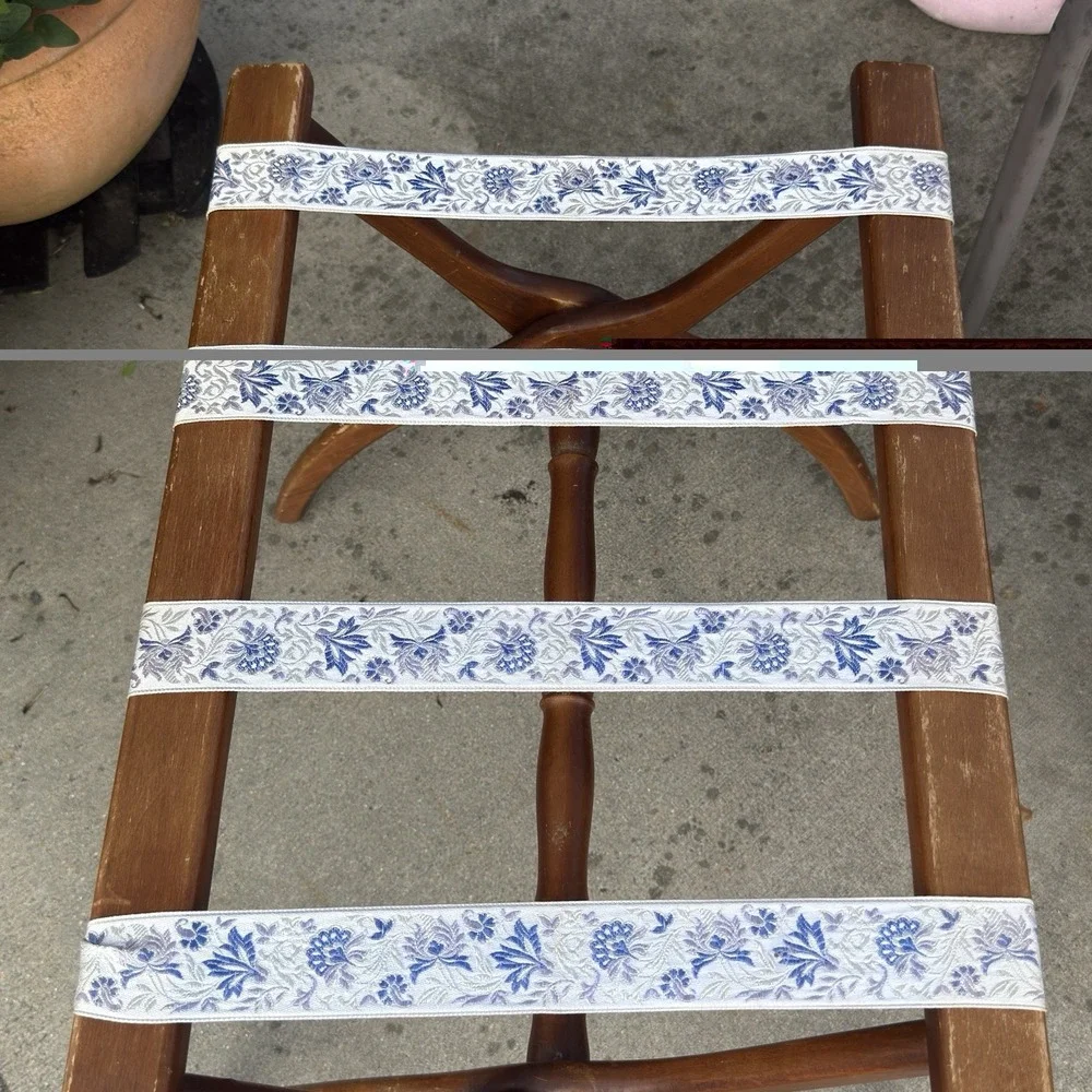 Vintage Scheibe Folding Luggage Rack Blue White Tapestry Quilt Stand Regency